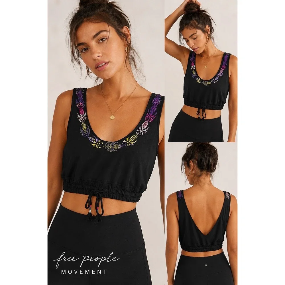Free People Movement‎ Friday Night Lights Crop Top Black Embroidered Boho L NWOT